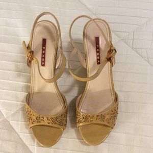 Prada Cutout Patent Leather Wedge Sandals